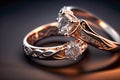 A Pair of gold engagement wedding rings with diamonds. Created with Generative AI