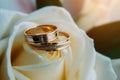 Pair of gold rings on rosebud, close up. Two golden wedding rings laying on light beige roses, blurred background, soft focus Royalty Free Stock Photo