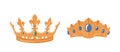 Pair of gold royal crown, king authority insignia headdress and queen tiara monarchy symbol