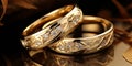 A pair of gold wedding rings with diamonds. Bokeh background