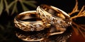 A pair of gold wedding rings with diamonds. Bokeh background Royalty Free Stock Photo