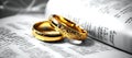 A pair of gold wedding rings on a prayer book Royalty Free Stock Photo