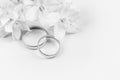 Pair of gold wedding rings and white Jasmine flowers on white background with copy space Royalty Free Stock Photo