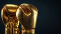 Pair of golden boxing gloves reflecting light against dark background. Concept of victory and success in sports
