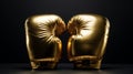 A pair of golden boxing gloves, reflecting light against a dark background. Concept of victory and success in sports