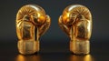 Pair of golden boxing gloves reflecting light against dark background. Concept of victory and success in sports