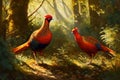 A pair of golden pheasants foraging in a forest, their vibrant feathers glistening in the dappled sunlight