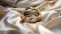 A pair of golden wedding rings on beige sating fabric Royalty Free Stock Photo