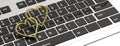 Pair of golden wedding rings isolated on computer laptop keyboard, banner, 3d illustration