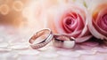 A pair of golden wedding rings and pink roses.