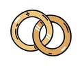 Pair of golden wedding rings, vector icon. Symbol of bride and groom, love, marriage, engagement. Shiny jewelry for