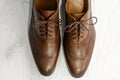 Pair of gorgeous expensive mens shoes made of genuine leather, with shoelaces, the item wedding groom suit