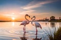 A pair of graceful flamingos wading in the shallows of a tranquil, pink-hued saltwater lagoon