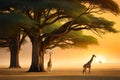 A pair of graceful giraffes grazing on the leaves of towering acacia trees on the African savannah