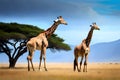 A pair of graceful giraffes grazing on the leaves of towering acacia trees on the African savannah