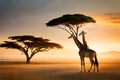 A pair of graceful giraffes grazing on the leaves of towering acacia trees on the African savannah