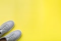 Pair of gray male sneakers on yellow background