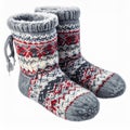 Pair of Gray and Red Knitted Socks on a Clean White Background Patterned Comfort Royalty Free Stock Photo
