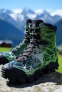 A pair of green hiking boots on top of a rock. Generative AI image.