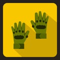 Pair of green paintball gloves icon, flat style