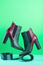 A pair of green and red autumn leather shoes for women leaning on a green ribbon on a green background Royalty Free Stock Photo