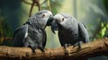 A pair of grey parrots engaged in a gentle preening session,