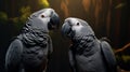 A pair of grey parrots engaged in a playful interaction