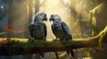 A pair of grey parrots perched on a moss-covered branch,
