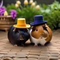 A pair of guinea pigs wearing matching tiny hats and exploring a miniature garden2