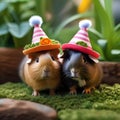 A pair of guinea pigs wearing matching tiny hats and exploring a miniature garden3
