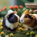 A pair of guinea pigs wearing matching tiny hats and exploring a miniature garden5