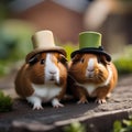 A pair of guinea pigs wearing matching tiny hats and exploring a miniature garden4