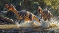 A pair of hadrosaurs playfully splashing in the river their webbed feet propelling them forward as they frolic in the