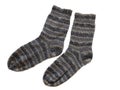 Pair of Two Brown Color Isolated Wool Striped Pattern Socks On White Surface