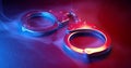 Pair of handcuffs used by law enforcement to arrest criminals, lit in red and blue police lights. Justice or catching a guilty