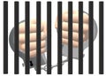 A pair of hands cuffed by handcuffs behind bars against a white backdrop
