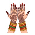 Intricately decorated hands adorned with henna patterns and colorful bangles isolated on white background Royalty Free Stock Photo