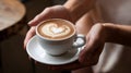 A pair of hands elegantly presents a small white ceramic cup filled with xcoffee Royalty Free Stock Photo