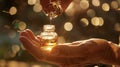 A pair of hands gently pouring a golden liquid into a small glass bottle symbolizing the careful and precise process of