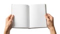 Hands holding open book with blank pages isolated on transparent background Royalty Free Stock Photo