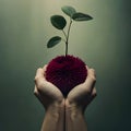 Pair of hands holding a plant gently - ai generated image