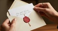 A pair of hands holds an elegant envelope containing a letter. The envelope is cream-colored with a Royalty Free Stock Photo