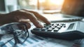 A pair of hands operates a calculator next to eyeglasses and financial documents on a desk..AI generated image Royalty Free Stock Photo