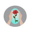 A pair of hands protecting a stalk of thorny red rose. Cartoon illustration.