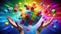 A pair of hands reaches upward toward a multi-colored exploding cube made Royalty Free Stock Photo