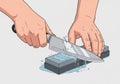 A pair of hands is sharpening a kitchen knife on a whetstone. Royalty Free Stock Photo