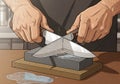 A pair of hands sharpens two knives on a whetstone. The whetstone rests on a Royalty Free Stock Photo