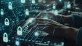 A pair of hands is typing on a laptop keyboard overlayed with graphics of digital locks, symbolizing cybersecurity and Royalty Free Stock Photo