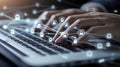 A pair of hands is typing on a laptop keyboard overlayed with graphics of digital locks, symbolizing cybersecurity and Royalty Free Stock Photo