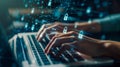 A pair of hands is typing on a laptop keyboard overlayed with graphics of digital locks, symbolizing cybersecurity and Royalty Free Stock Photo